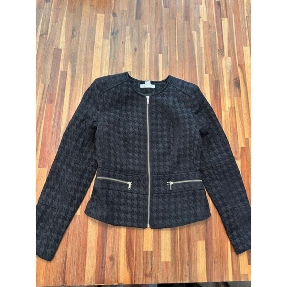 H&M Black Houndstooth Textured Zip Front Jacket Blazer Women Size 6